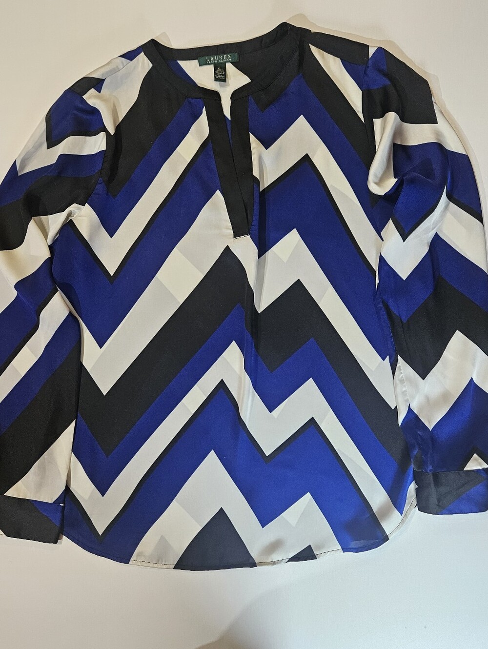 Lauren Ralph Lauren Blouse Womens XL Blue Black White Chevron Office Career Top